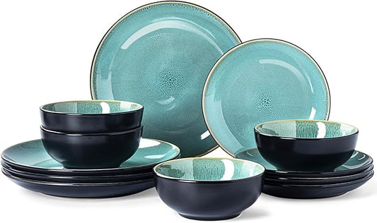 Plates and Bowls Sets for 4 - CJDC-QUELO 12-Piece Stoneware Dinnerware Sets, Ceramic Dishware Set for Kitchen Use and Formal Dining, Chip and Scratch Resistant Microwave Dishwasher Safe, Green