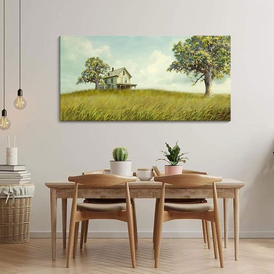 YCPRIMER Canvas Wall Art - Village Landscape Decor Retro Farmhouse Picture Yellow Tree Grassland Painting Artwork for Dinning Room,Living Room,Kitchen Decoration Size 24×48Inch