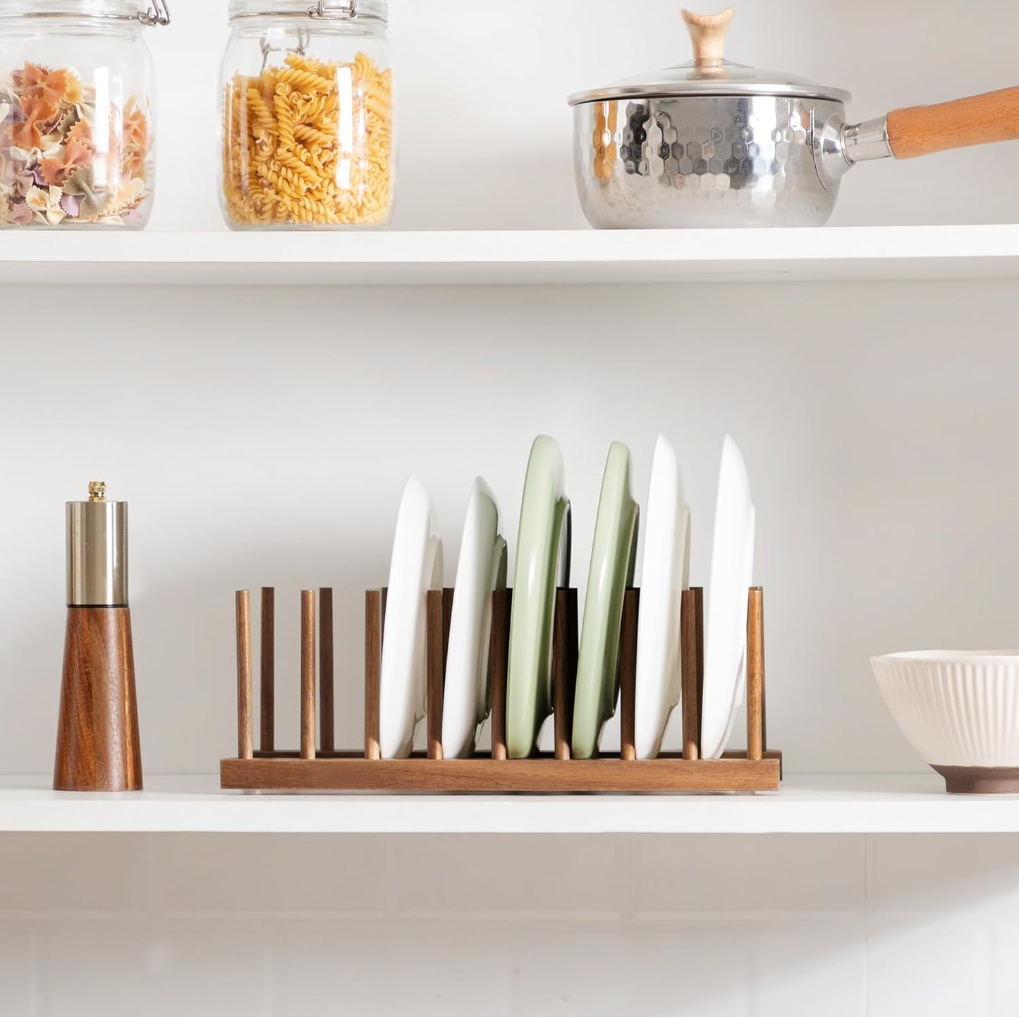 HBlife Acacia Wooden Dish Dying Rack Pot Lid Plate Organizer Holder for Cabinet, Cutting Board Stand Drainer Storage Plate Rack for Dish, Pot Lid, Bowl, Cup, Cutting Board and Books