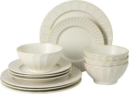 Gibson Elite Winchester Way 12-Piece Embossed Stoneware Dinnerware Set – Reactive Matte Glaze, Durable Lightweight-Tech Plates & Bowls, Everyday Dish Set, Microwave & Dishwasher Safe – Off-White