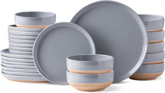 AmorArc Ceramic Dinnerware Sets for 8, 24 Pieces Handpainted Plates and Bowls Set with Rustic Terracotta Underside, Scratch Resistant Stoneware Dishes Set, Dishwasher & Microwave Safe