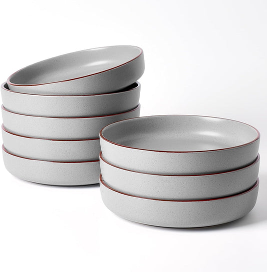 famiware Mercury Pasta Bowls Set of 8, 33 oz Large Salad Bowls, Ceramic Pasta Plates Bowls, Serving Bowls for Kitchen, Microwave & Dishwasher Safe, Light Gray