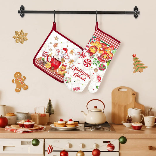 Christmas Gingerbread Oven Mitts and Pot Holders Sets 2Pcs, 100% Cotton Heat Resistant, Extra Long Oven Gloves Potholder for Kitchen Cooking Baking Decoration