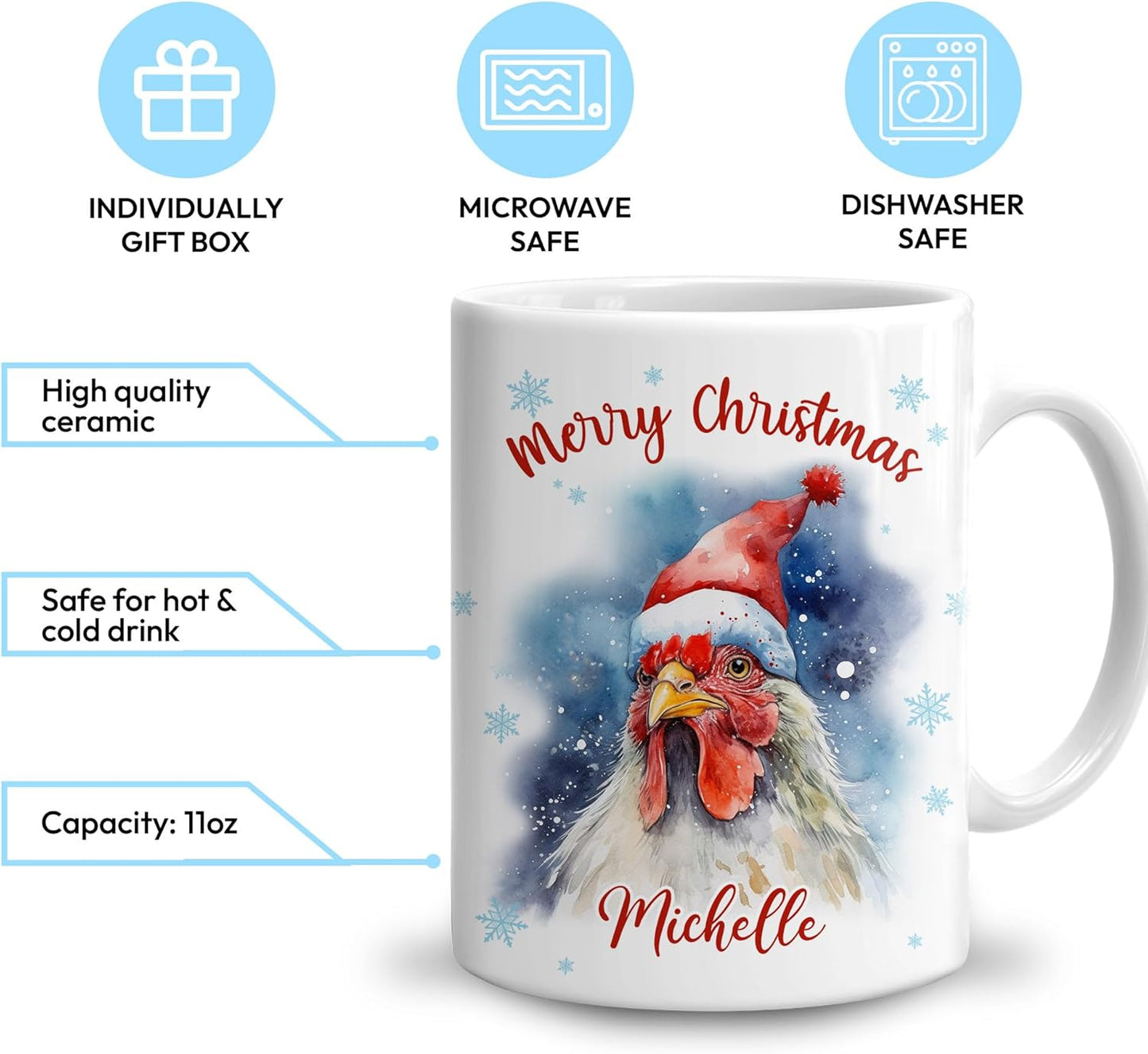 Hyturtle Personalized Gifts Chicken Lover - Chicken Wearing Santa Hat Custom Name Ceramic Coffee Mug Cup 11oz - Cute Animal Lovers Gifts For Women, Girl kids Family On Birthday, Christmas
