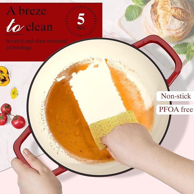 Enamelled Cast Iron Dutch Oven Pot – Dutch Oven Pot with Lid For Sourdough Bread Baking – Cast Iron Bread Oven – Red, Umite Chef 6QT Pot with Lid & Cotton Potholders