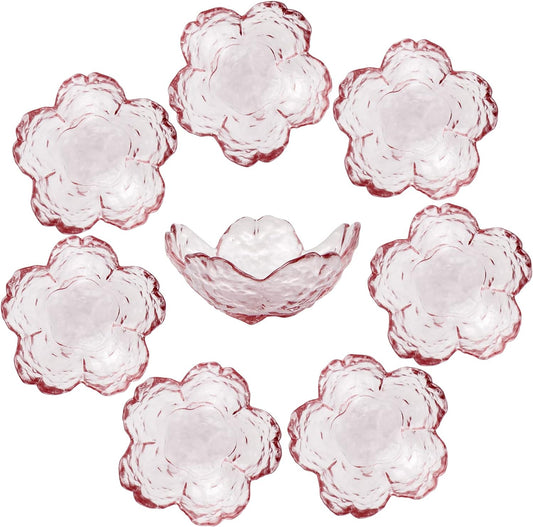 8 Pcs Glass Sakura Soy Sauce Dishes, Cute Mini Dessert Bowls, Stackable Tiny Appetizer Plates for Dips, Seasonings, Snacks, Fruits or Tea Bags, Small Candles, Trinkets (Pink)