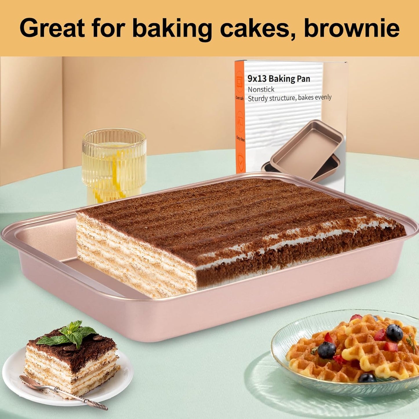 9x13 Baking Pan, Rectangle Cake Pan Nonstick, Bakeware Baking Pans for Oven, Easy Clean, Carbon Steel Cake Pan for Lasagna Brownies Casseroles Cakes Pan, Rose Gold