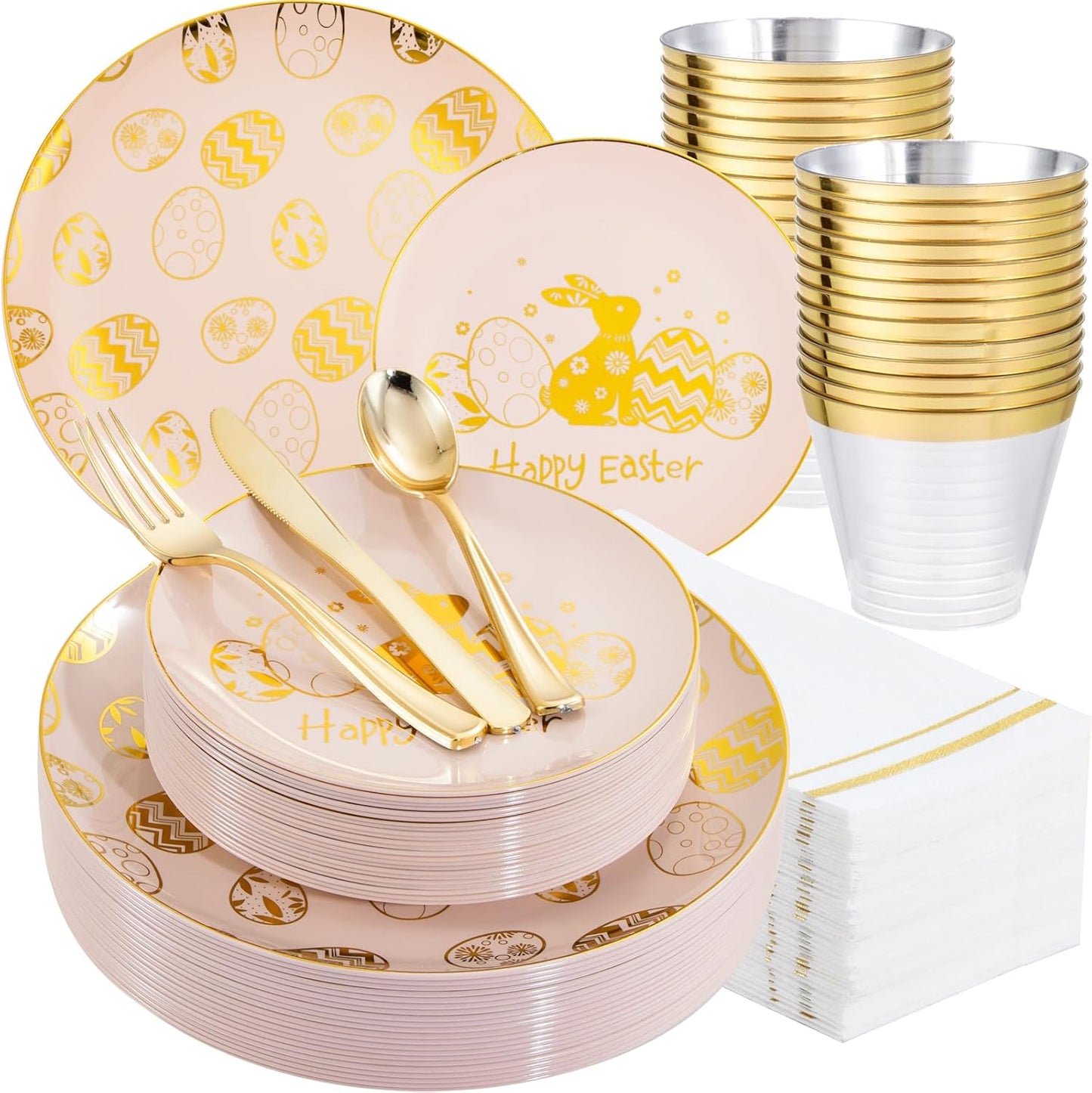 GATHER 175Pcs Easter Plates with Gold Bunny - Pink Plastic Plates Dinnerware Includes 25 Easter Egg Plates and 25 Dessert Plate, 25 Silverware, 25Cups, 25 Napkins, Perfect for Easter Party