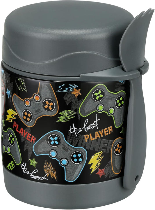 10oz Soup Thermo for Hot Food Kids Insulated Food Jar,Thermo Hot Food Lunch Container, Width Mouth Stainless Steel Lunch Box for Kids with Spoon (Black-Gamepad)