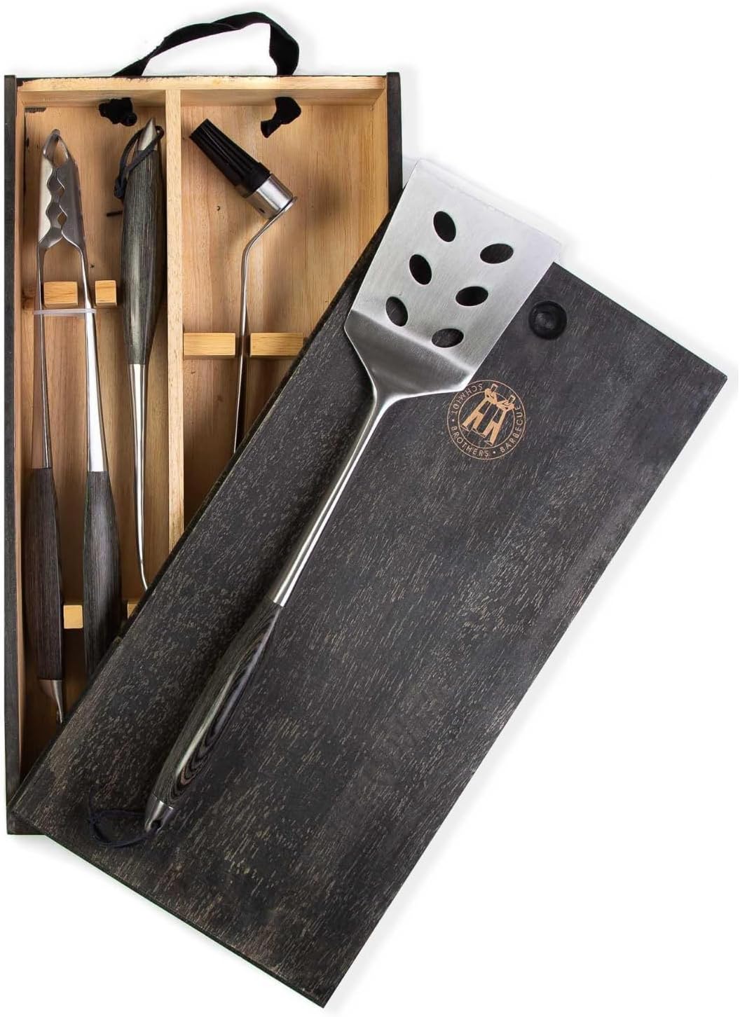 Schmidt Brothers - BBQ Ash 4 Piece Grill Set, Full-Forged Stainless Steel Grilling Utensils Including Spatula, Fork, Basting Brush, and Tongs with All Wood Handles