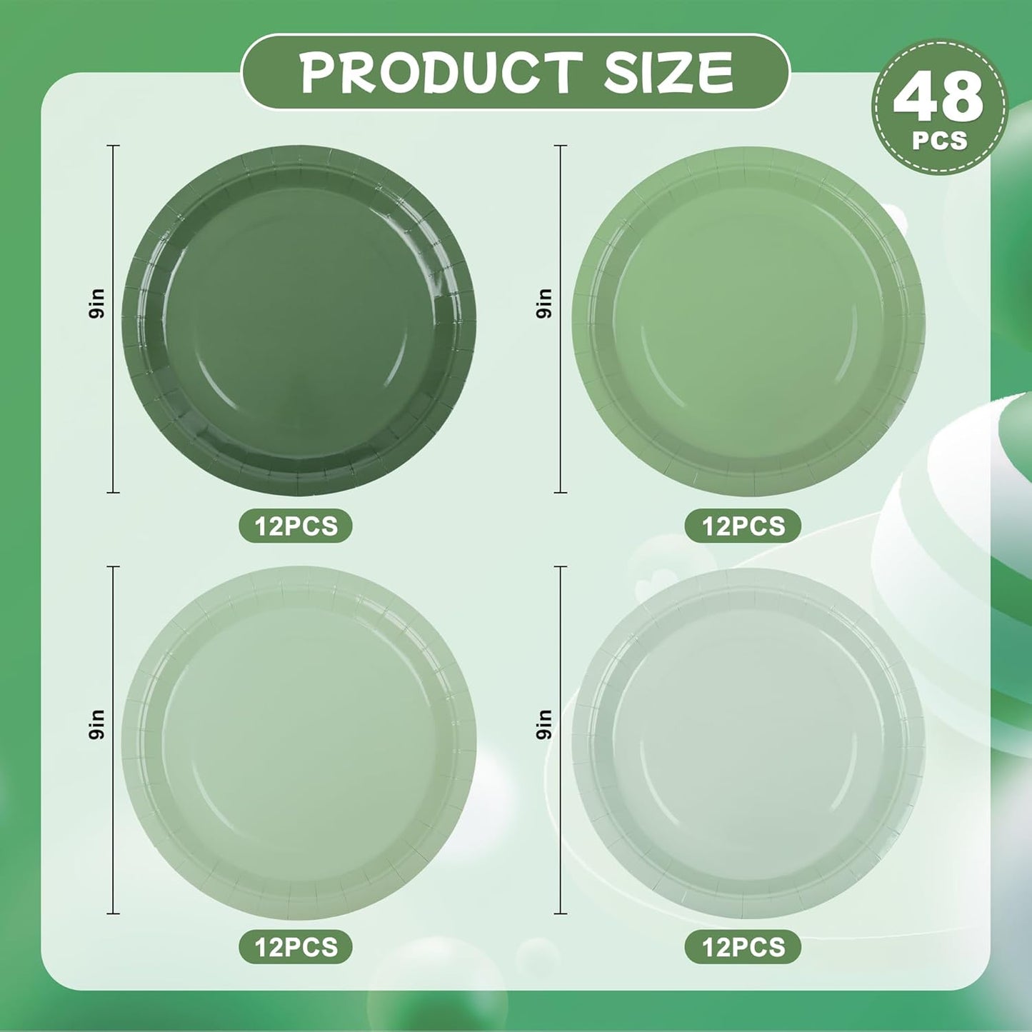 48 Sage Green Paper Plates Gradient Green Party Plate 9 Inch Disposable Plates Round Dinner Dessert Plates for Xmas Birthday Wedding Baby Bridal Shower Party Supplies