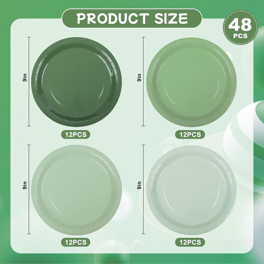 48 Sage Green Paper Plates Gradient Green Party Plate 9 Inch Disposable Plates Round Dinner Dessert Plates for Xmas Birthday Wedding Baby Bridal Shower Party Supplies