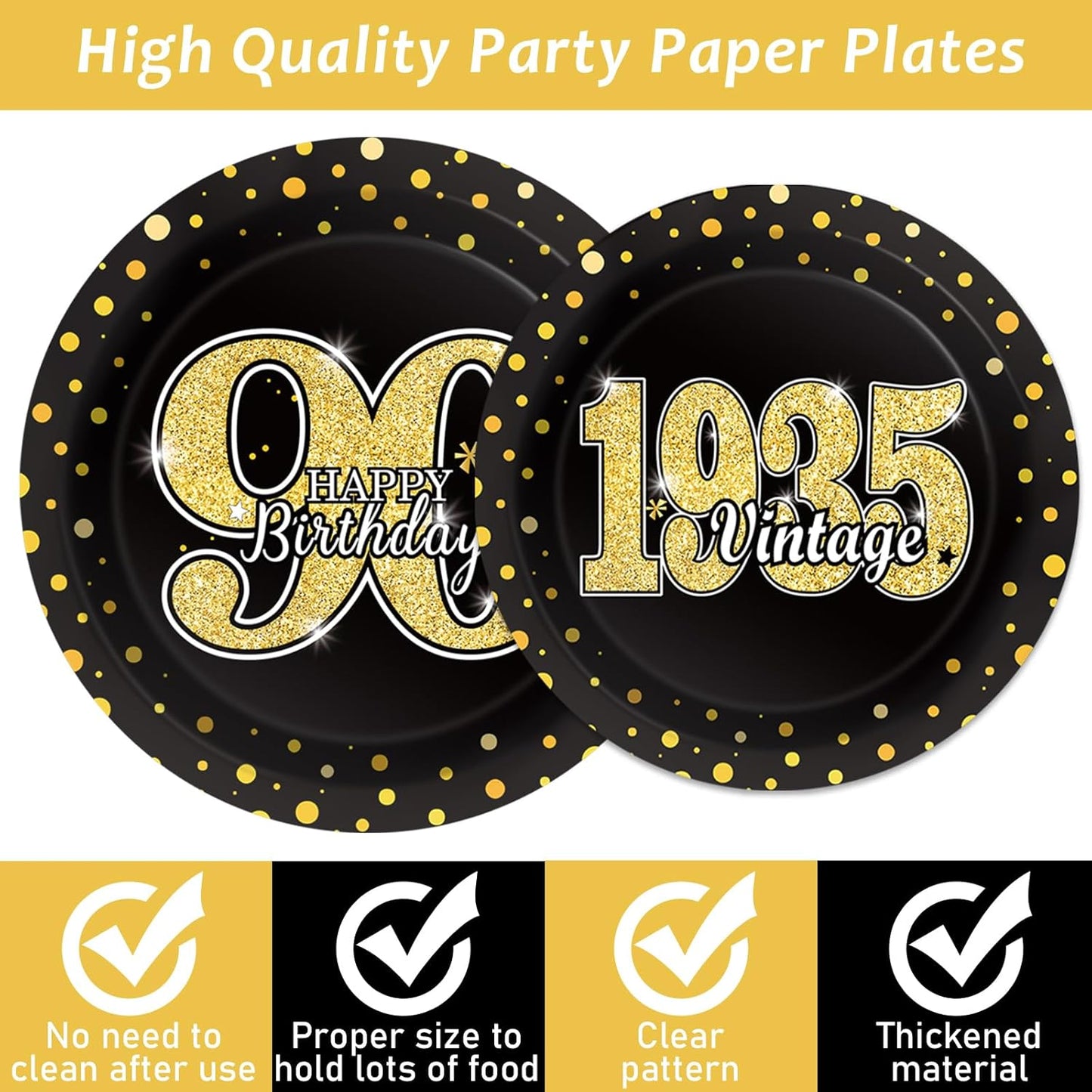 200PCS 90th Theme Birthday Party Tableware Vintage 1935 Party Supplies 90 year old Birthday Party Decorations Plates Napkins Forks Black and Gold Dinnerware Favors for Men or Women