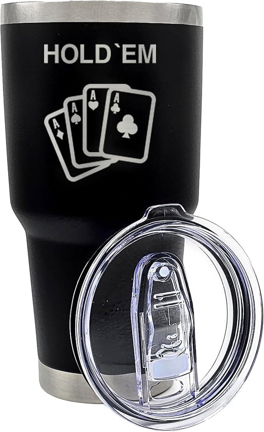 Palm City Products Premium 30 oz Poker Engraved Black Tumbler with Slider Lid - Ideal for Poker Enthusiasts