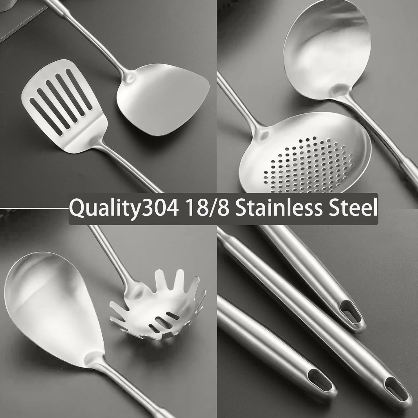 10 PCS Stainless Steel Kitchen Utensil Set Cooking Utensils, Potato Masher Solid Spoon Slotted Spoon Fork Spatula Ladle Skimmer Spoon Slotted Spatula Tunner Spaghetti Spoon Large Spoon