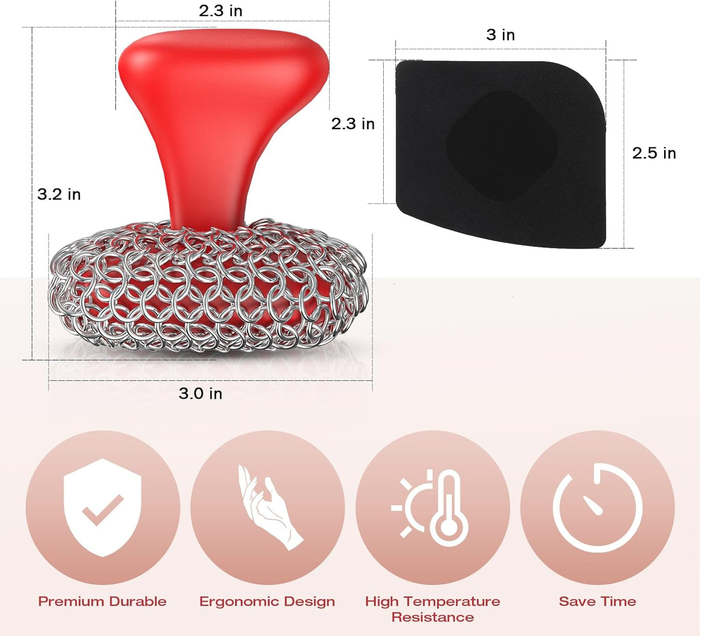 Cast Iron Scrubber | Dish Scrub Brush | 316 Cast Iron Cleaner Chainmail Scrubber for Pan Skillet Cleaner - Dish Scouring Pad Dishwasher Safe Cleaning Kit, Red