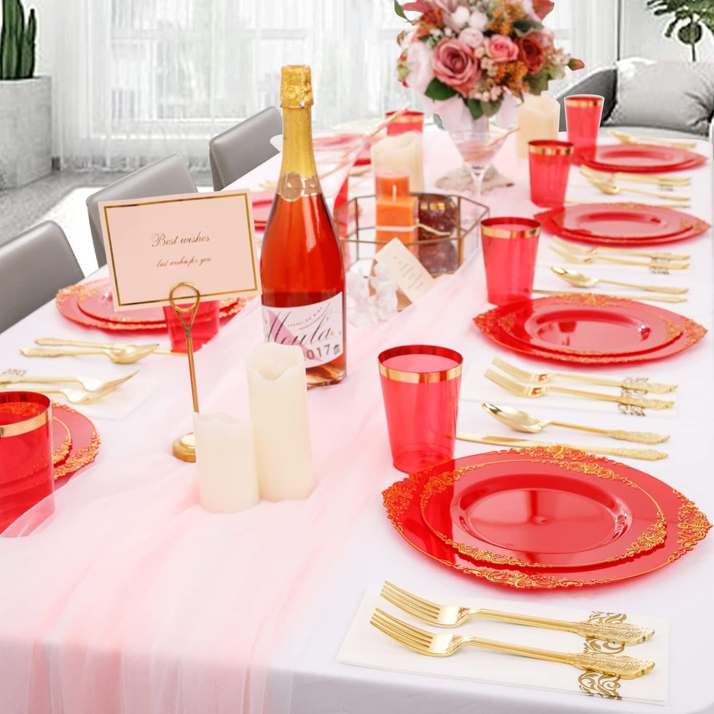 Morejoy 175PCS Red Plastic Plates,Red Disposable Plates With Gold Rim,Red and Gold Plastic Dinnerware Set Includes: 50 Plates,25 Silverware Sets,25 Cups,25 Napkins,Perfect for Party,Wedding