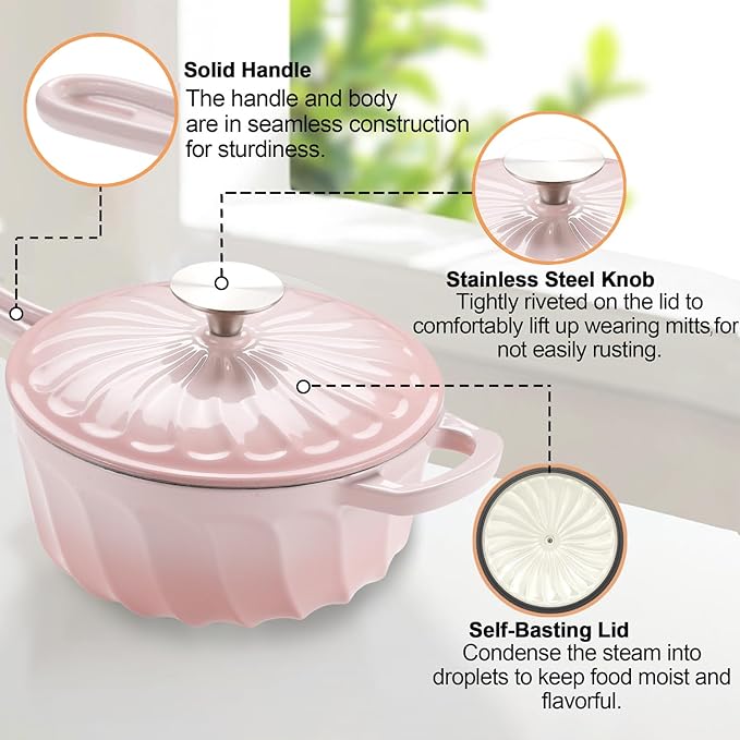 Enameled Cast Iron Sauce Pan, 2 Quart Enameled Saucepan with Lid, Mini Dutch Oven Enamel Saucepan for Cooking Pasta Sauce, Gravy, Puddings, Marinate, Boiling (Gradient Pink)