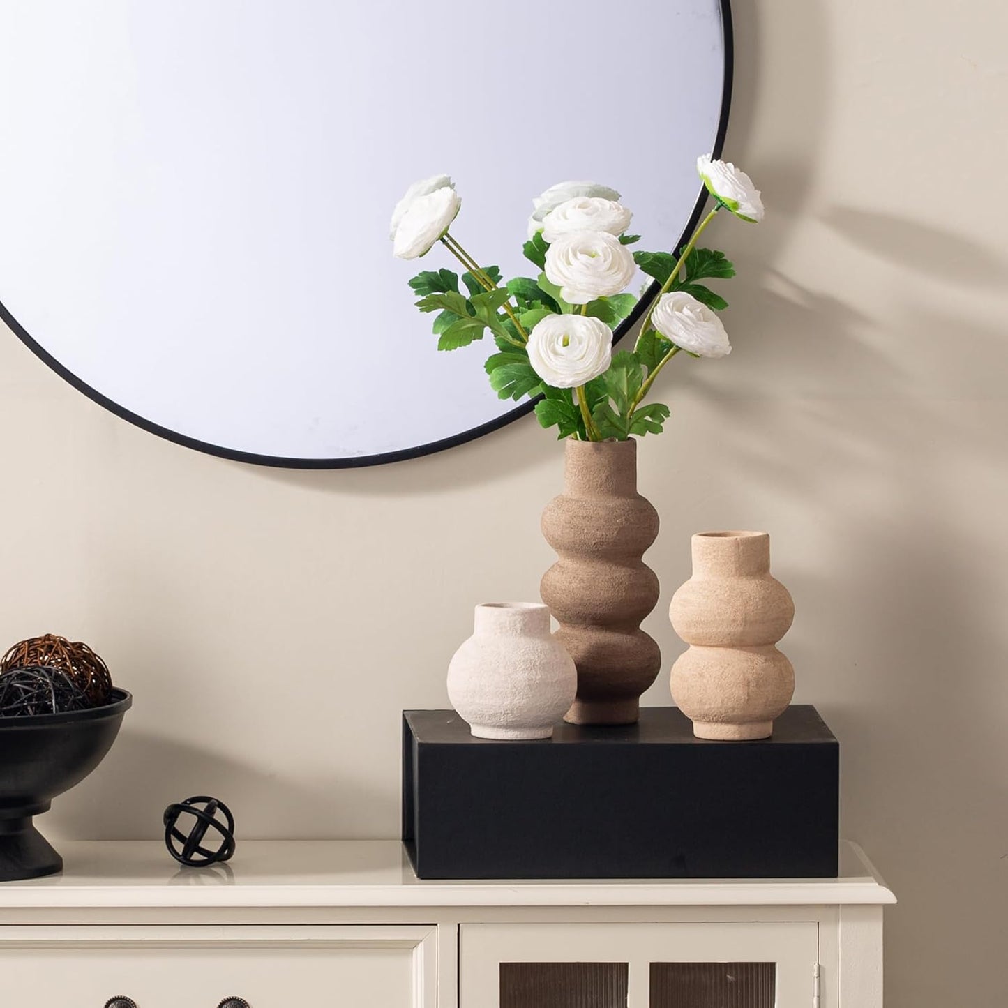 Ceramic Vase Home Table Decor - Flower Vase Set of 3 Living Room Kitchen Decorations Farmhouse Modern Rustic Vases Decorative Centerpiece for Shelf Bedroom Office Bathroom Dining Coffee Desk