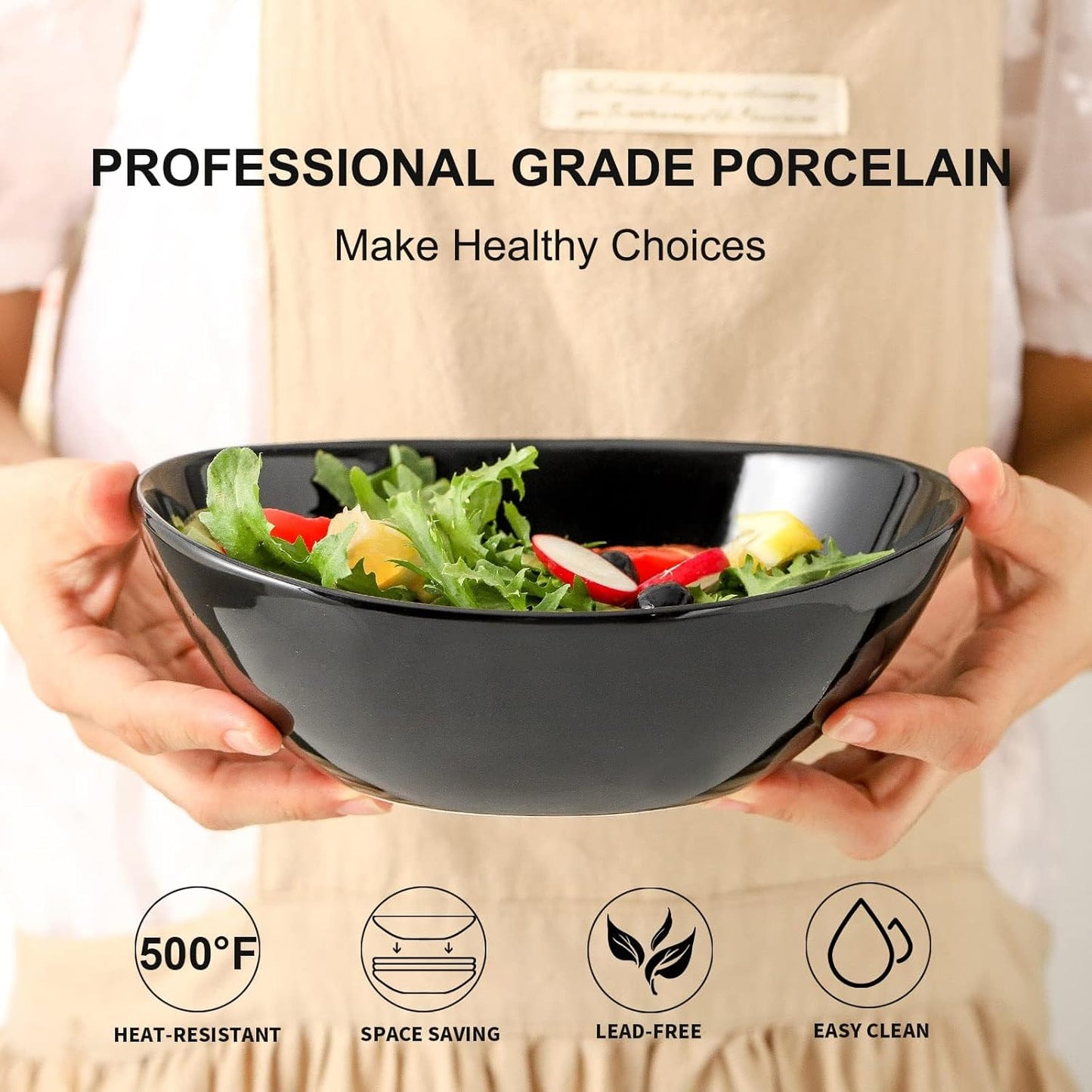 Hasense Serving Bowls, 28 oz Salad Bowls Porcelain Serving Dishes Set of 4 for Salads，Cereal,Soup,Pasta, Microwave and Dishwasher Safe, Black