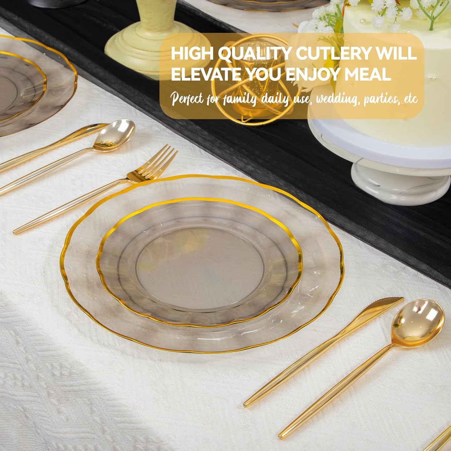 supernal 60Pcs Black and Gold Plastic Plates Heavy Duty Black Disposable Plates With Gold Rim,Clear Black Gold Plastic Dinnerware Set For 30 Guests Perfect for Party,Birthday,Anniversary,Halloween