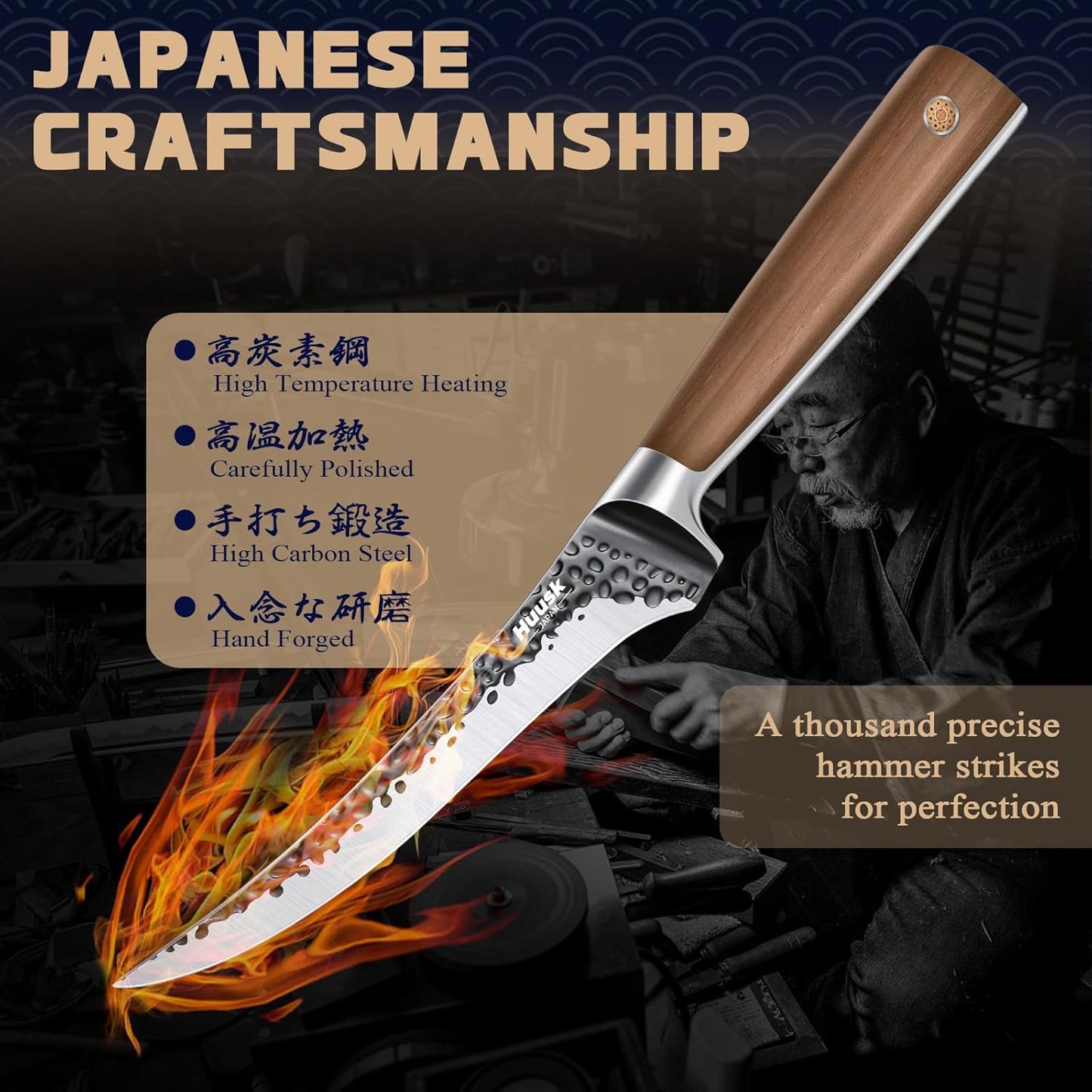 Huusk Boning Knife 6 Inch Fillet Knife for Meat Brisket Trimming Knife Japan Hand Forged Deboning Knives Full Tang Meat Cutting Butcher Knife for Kitchen Cooking BBQ