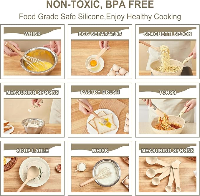 Kitchen Utensils Set - 34 PCS Non-Stick Silicone Cooking Utensils Set with Wooden Handle,Kitchen Gadgets Tools Set for Nonstick Cookware (Khaki-34P)