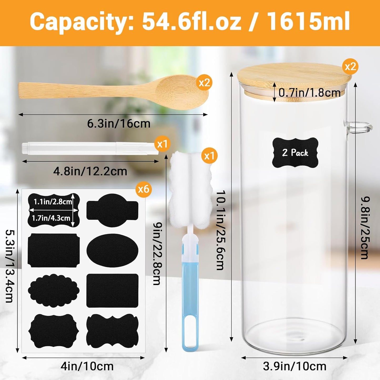 Glass Storage Jars with Lids - 2 Pack 54 Fl.oz Round Glass Pasta Containers with Airtight Bamboo Lids and Spoon, Includes Labels, Marker and Brush, Large Kitchen Jar for Cereal, Rice, Flour