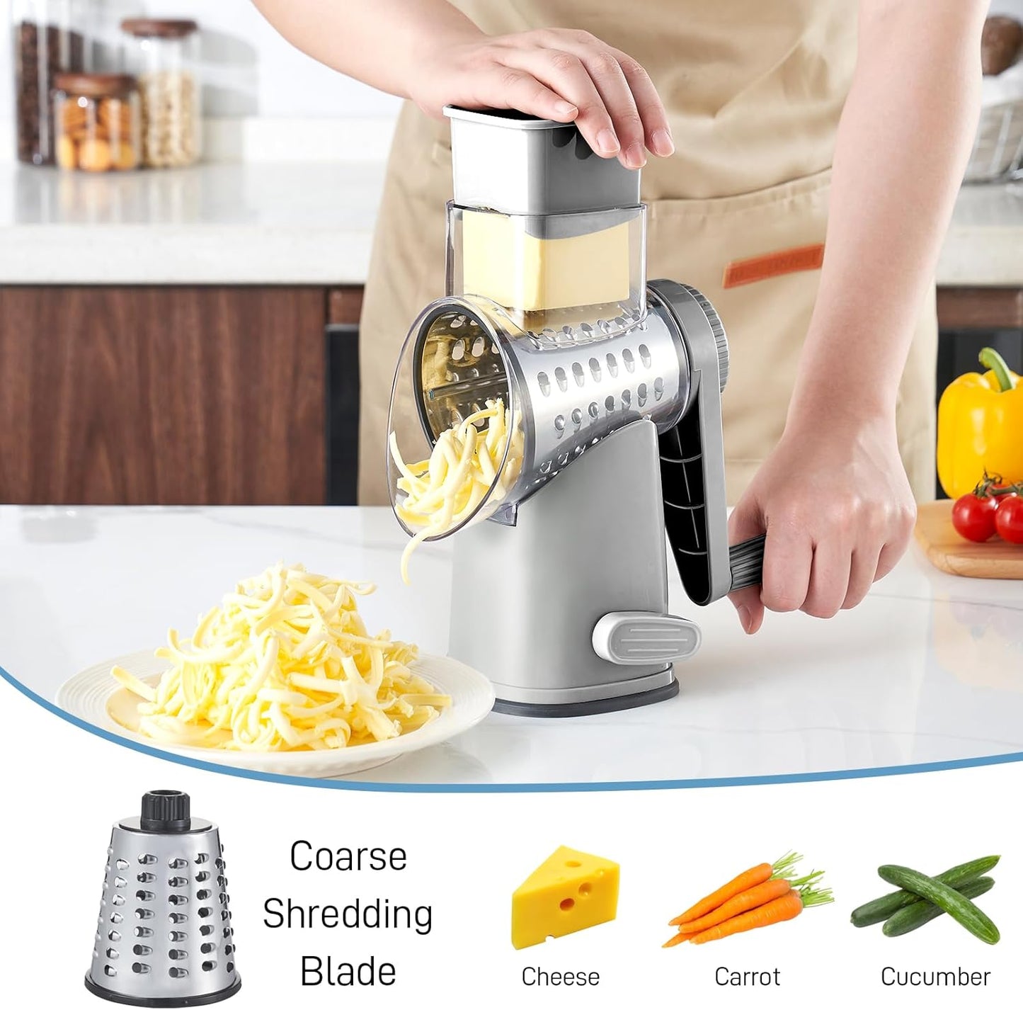 VEKAYA Cheese Grater, Cheese Grater Hand Crank, 4 Interchangeable Blades Cheese Shredder, Vegetable Slicer, Non-slip Suction Base, Easy to Clean Rotary Grater with Handle (Grey)
