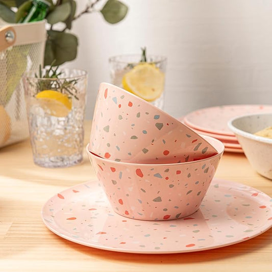 Bzyoo 12-Piece Melamine Dinnerware Set - Confetti Pink Plates and Bowl Lightweight BPA-Free Dishwasher Safe Dish Set for Indoor & Outdoor Use - Perfect for Camping, BBQs, Kids Parties