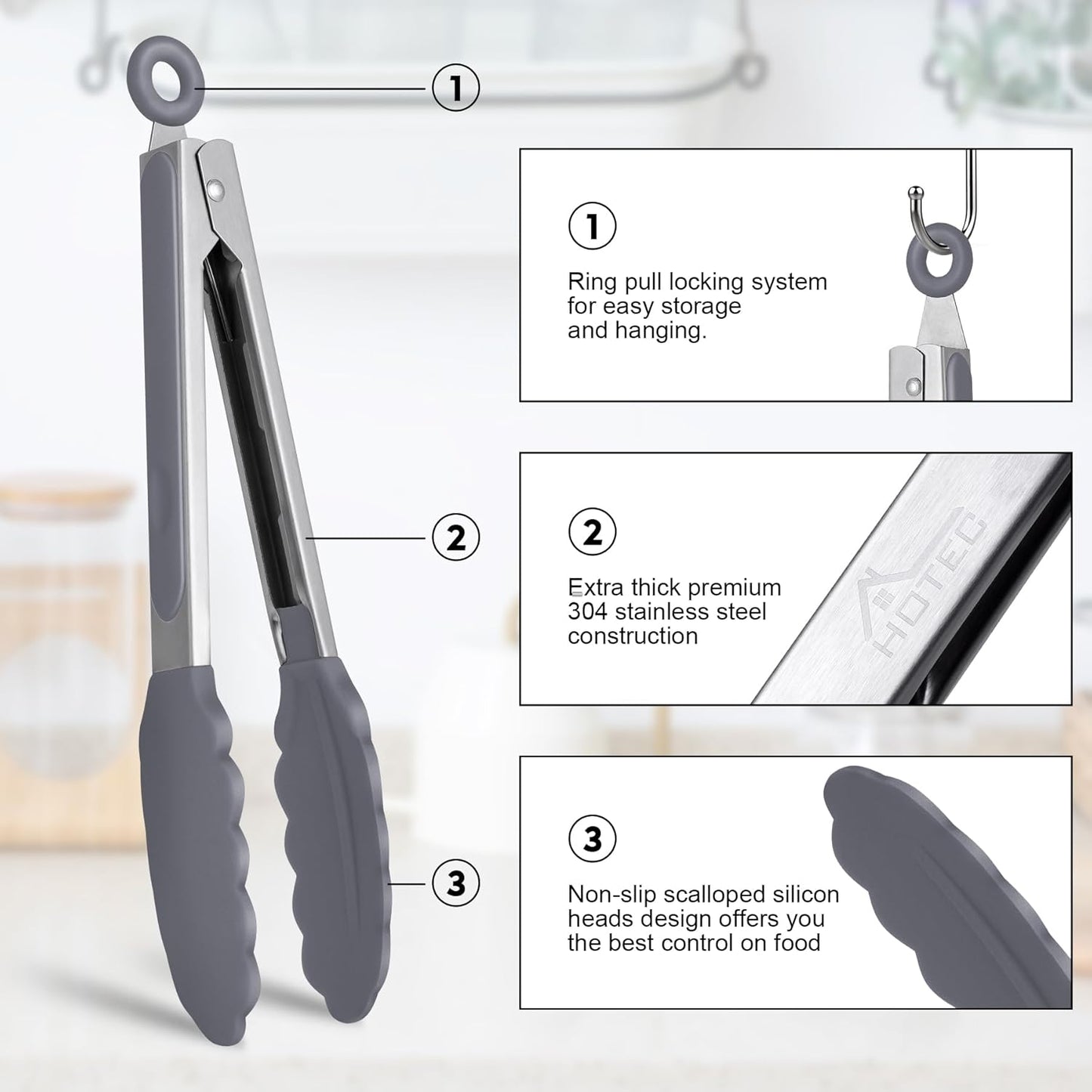 HOTEC Premium Stainless Steel Locking Kitchen Tongs with Silicon Tips, Set of 3-7", 9" and 12" (Grey)