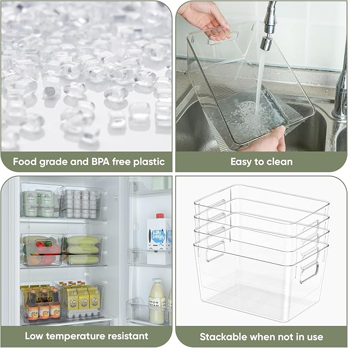 BALEINE Clear Plastic Storage Bins, Pantry Organization, BPA Free Stackable Refrigerator Organizers and Storage with Handles for Kitchen Fridge Cabinet Bathroom (4PK, 9.5x5.5x4.5)