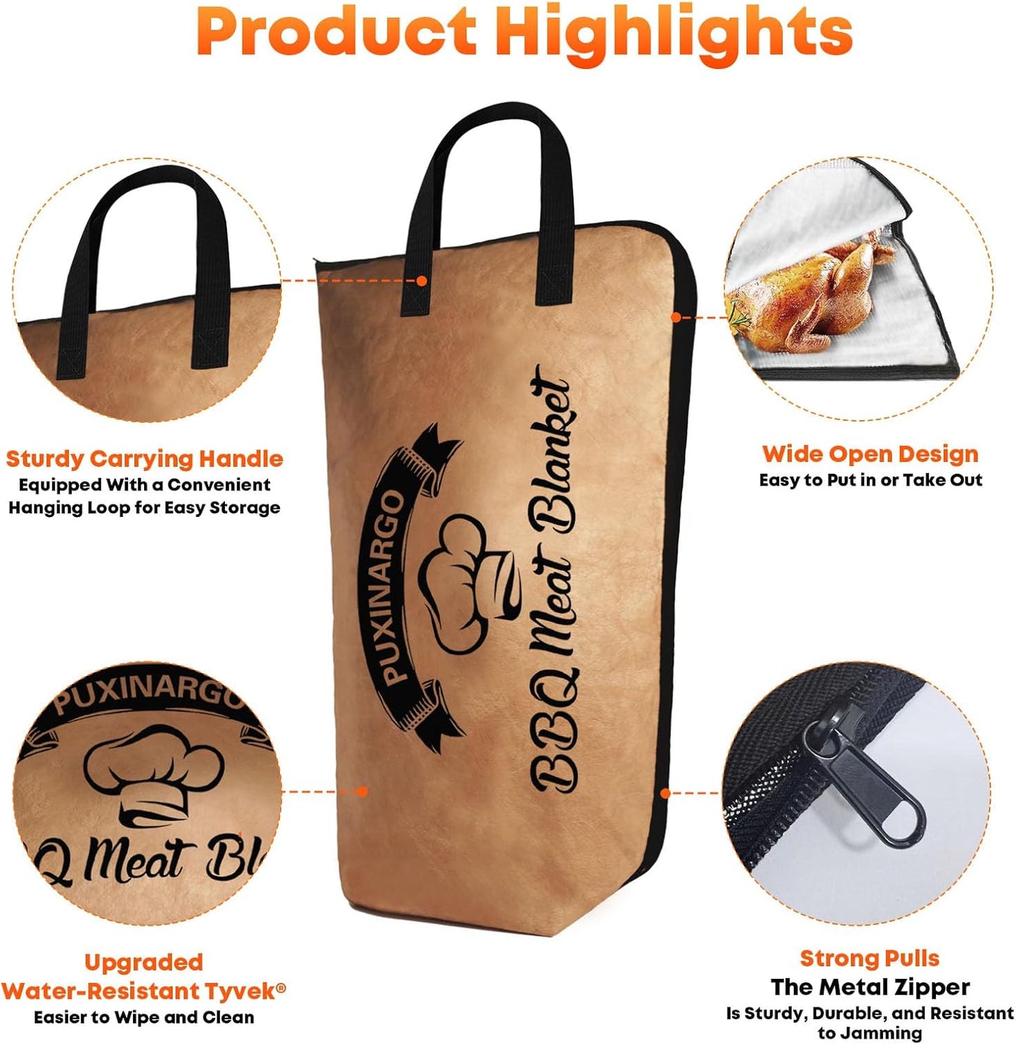 BBQ Blanket for Resting Meat, Puxinargo Brisket Blanket Meat Resting Bag for Smoking, Grilling Meat Insulated Resting Bag with Wide Mouth & Reinforced Handles for Large Brisket/Turkey, Large 23"