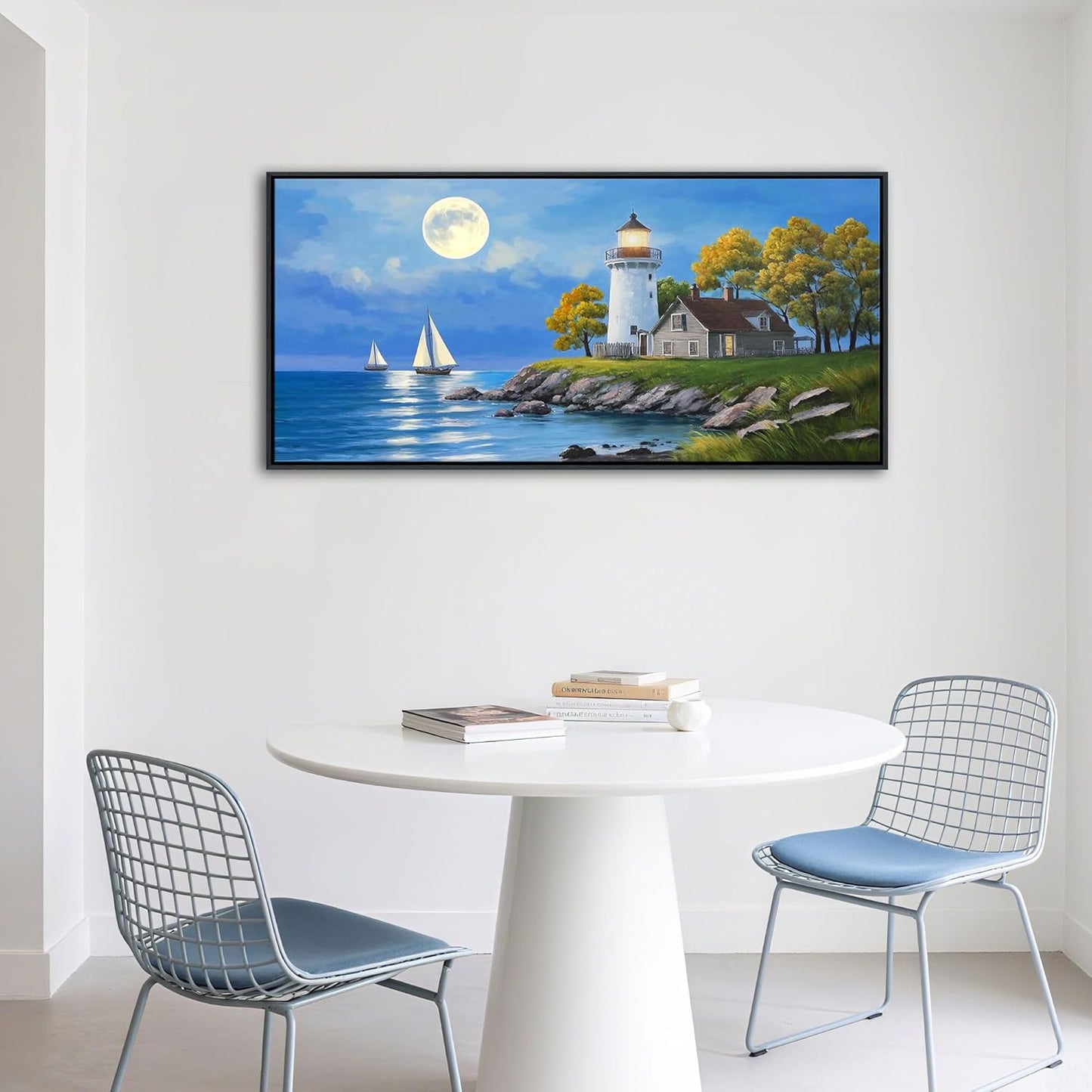 CHATYOUNG Large Coastal Wall Art - Blue Ocean Lighthouse Sailboat Tree Landscape Canvas Picture Nature Navigation Paintings Artwork for Living Room Bedroom Office Home Frame Decor 24"X48"