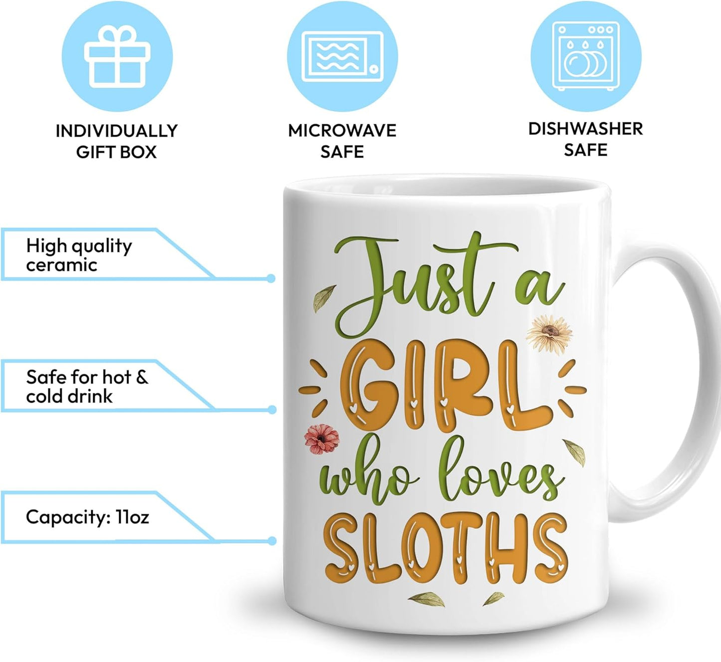 Hyturtle Personalized Gifts Sloth Lover - Just A Girl Who Loves Sloths Custom Name Ceramic Coffee Mug Cup 11oz - Idea Cute Animal Lover Gifts For Women, Girl Daughter On Birthday, Christmas
