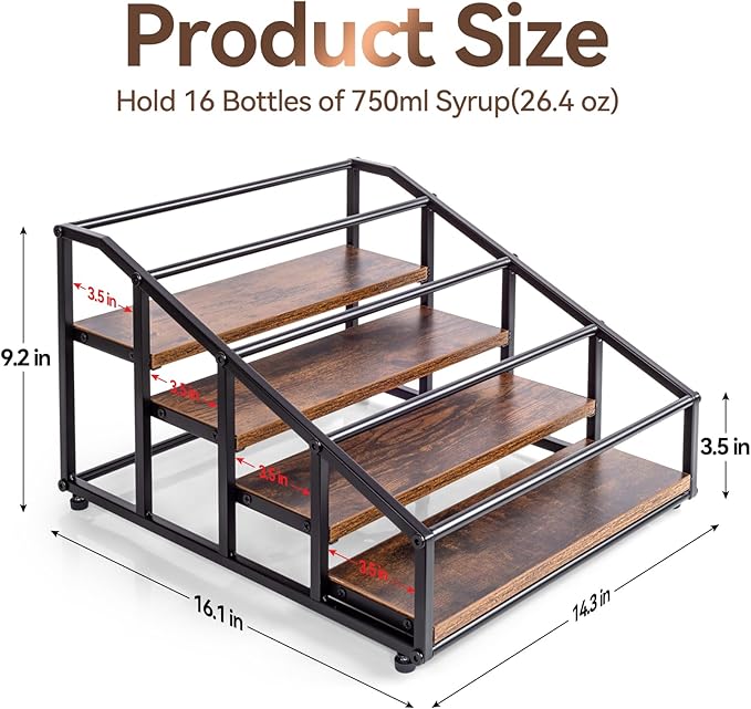Coffee Syrup Organizer Rack, Liquor Bottle Display Shelf, 4 Tier 16 Syrup Bottles Holder Stand for Coffee Bar Kitchen Small Wine Rack for Family Storage for Syrup Wine Dressing