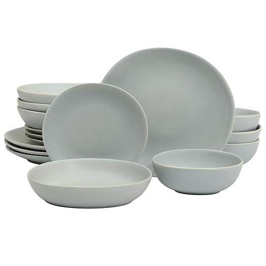 Gibson Elite Zion Mist 16 Piece Stoneware Reactive Glaze (Service for 4) Ceramic Plates and Bowls Modern Organic Dinnerware Set - Blue