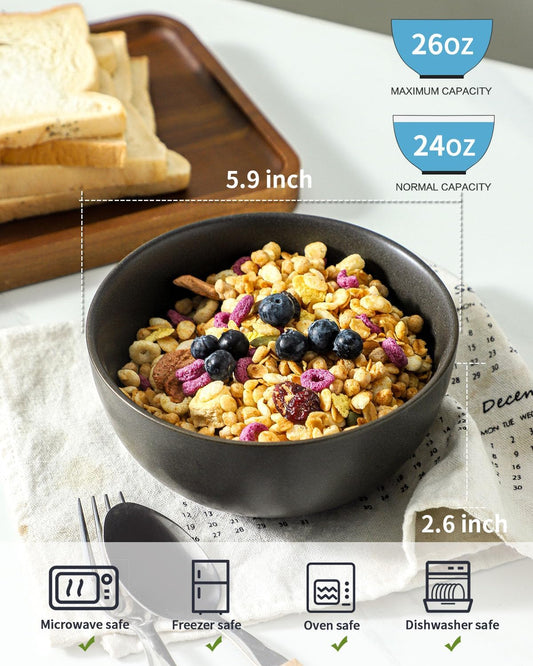Cereal Bowls, 24 oz Soup Bowls Set of 4, Ceramic Bowls Set for Salad, Fruit, Breakfast, Dessert, Stoneware Bowls for Kitchen, Dishwasher & Microwave Safe, Matte Black