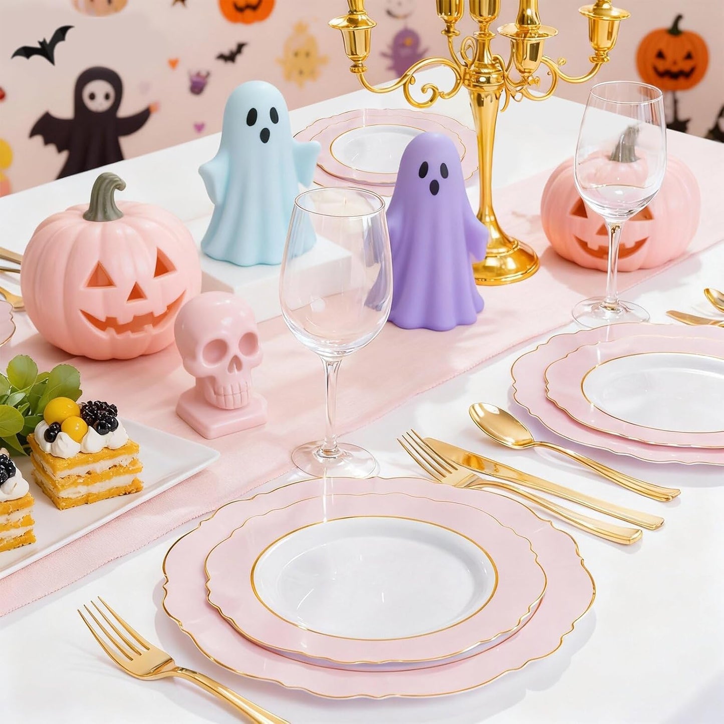 WDF 60pcs Pink Dessert Plates - 7.5inch Baroque Pink &White Disposable Dessert/Appetizer Small Cute Cake Plates for Upscale Parties &Wedding-Special for Bridal Shower, Brithday, Baby Shower,Halloween