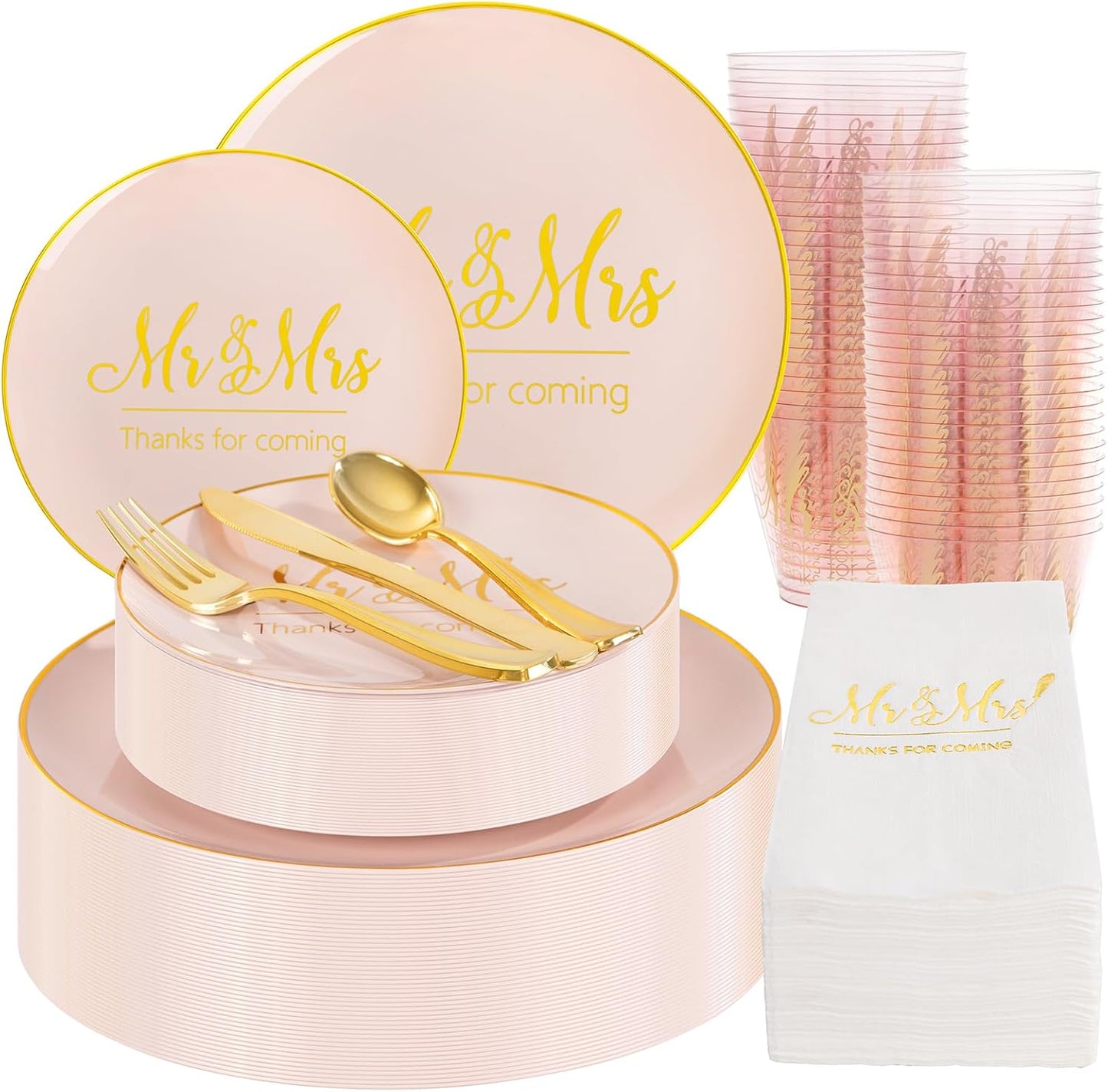 I00000 Mr and Mrs Wedding Pink Plastic Plates and Napkins Set,Bridal Shower Plates Set for 25 Guests Include 25 Dinner Platos,25 Dessert Platos,25 Cups,25 Napkins,25 Cutlery for Engagement Party Decor