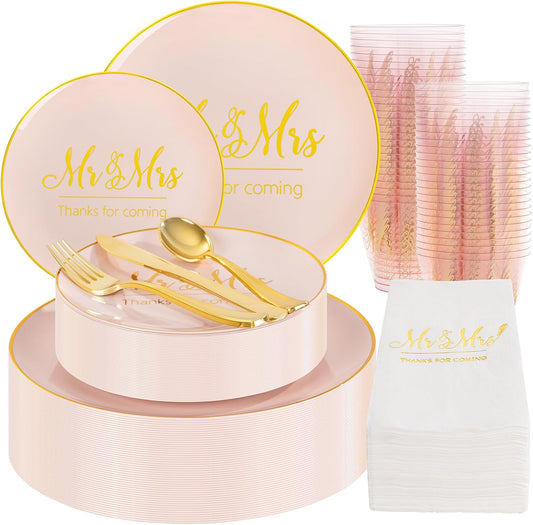 I00000 Mr and Mrs Wedding Pink Plastic Plates and Napkins Set,Bridal Shower Plates Set for 25 Guests Include 25 Dinner Platos,25 Dessert Platos,25 Cups,25 Napkins,25 Cutlery for Engagement Party Decor