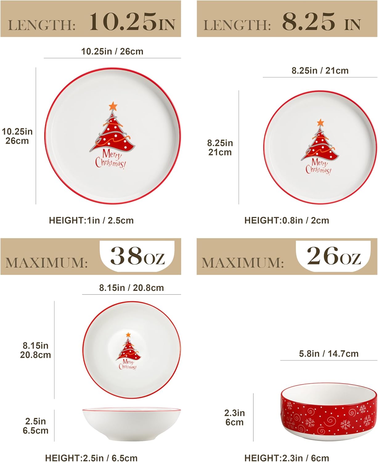 MALACASA Plates and Bowls Sets, 24 Pieces Christmas Porcelain Dinnerware Set for 8, Ceramic Dishware Dishes Kitchen Dining Ware Set, Microwave and Dishwasher Safe, Series LUNA-Christmas Tree