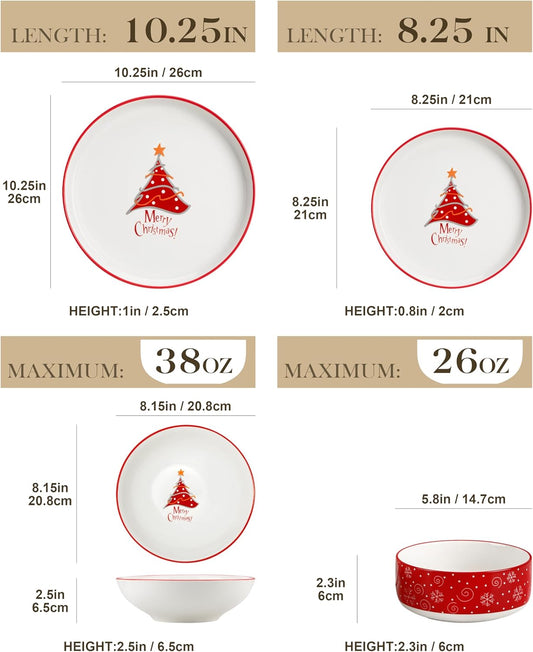MALACASA Plates and Bowls Sets, 24 Pieces Christmas Porcelain Dinnerware Set for 8, Ceramic Dishware Dishes Kitchen Dining Ware Set, Microwave and Dishwasher Safe, Series LUNA-Christmas Tree