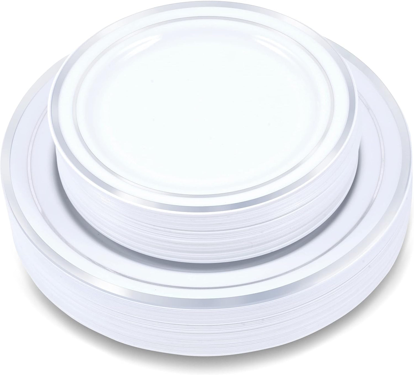 100-Piece Plastic Plates Set - Premium 50 Dinner & 50 Salad Plates, Disposable for Parties - White with Silver Rim