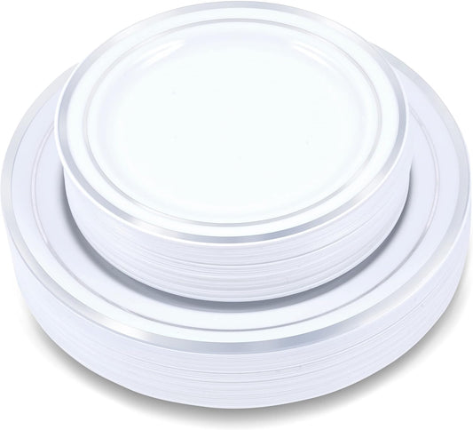 60 Pieces White Plastic Disposable Plates - Premium Heavy-Duty 30 Dinner Plates & 30 Salad Plates with Silver Rim Ideal for Party, Birthday and Special Events