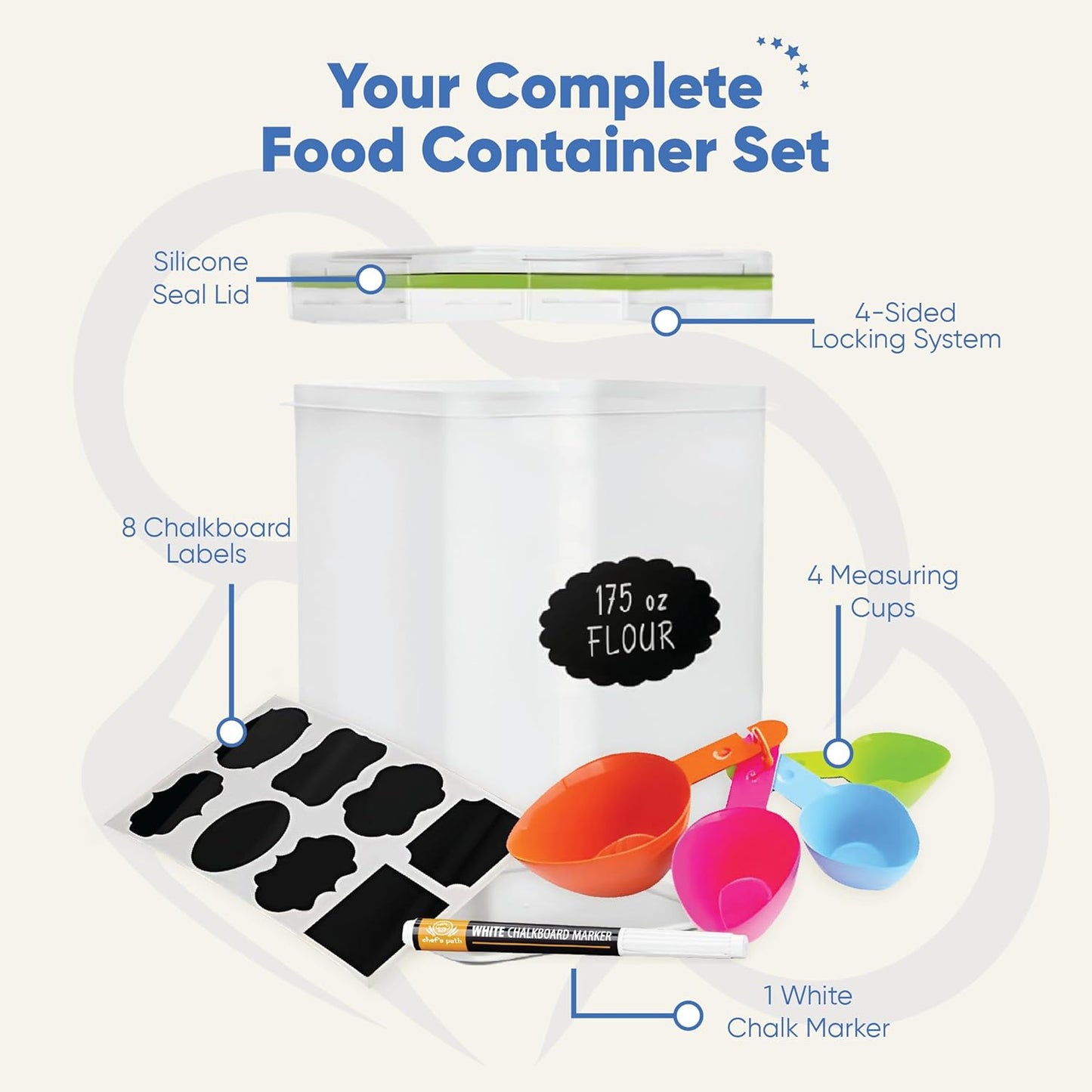 Chef's Path Large Airtight Food Storage Containers with Lids, Pack of 2, 5.2L, 175Oz, Airtight Kitchen and Pantry Bulk Canisters for Flour, Sugar, Rice, and Baking Supplies - Transparent