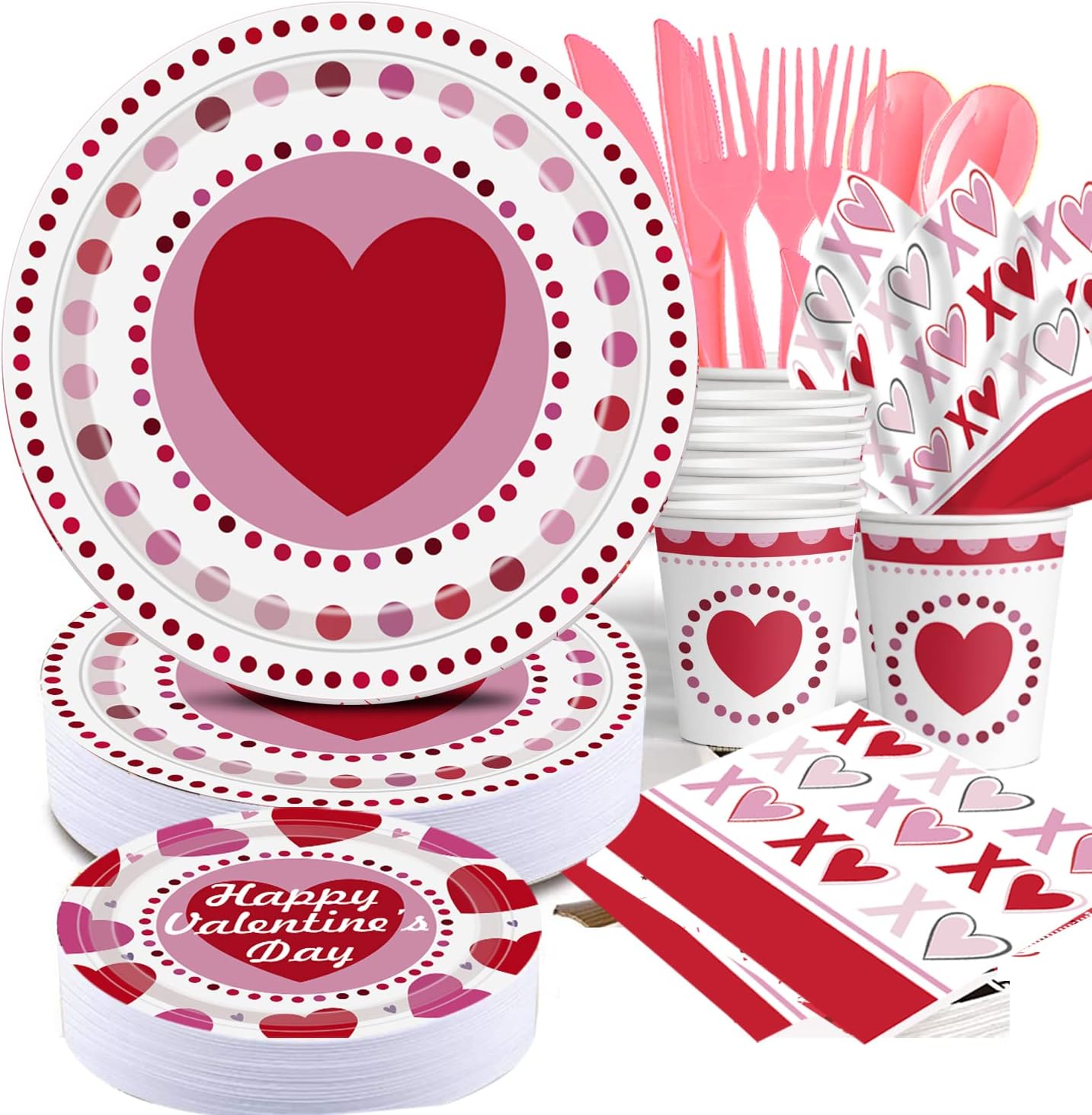 2025 Valentines Day Paper Plate Tableware Set - 177 pcs Heart and Love Disposable Dinnerware with 2 Tablecloth - Red Paper Plates Napkins Cups for Valentines Day Kids School Office Party Supply