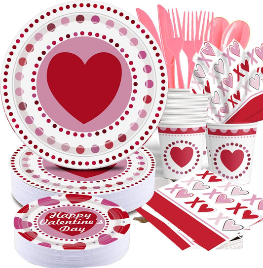2025 Valentines Day Paper Plate Tableware Set - 177 pcs Heart and Love Disposable Dinnerware with 2 Tablecloth - Red Paper Plates Napkins Cups for Valentines Day Kids School Office Party Supply