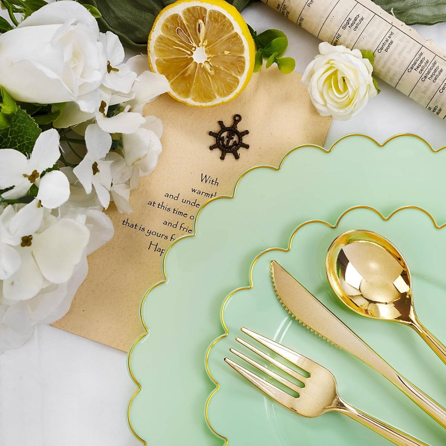 LIYH 210 Pcs Sage Green Plastic Disposable Scalloped Party Plates - Green Plates and Napkins Include Baby Shower Plate Gold Plastic Silverware for Weddings Birthday 30 Guests