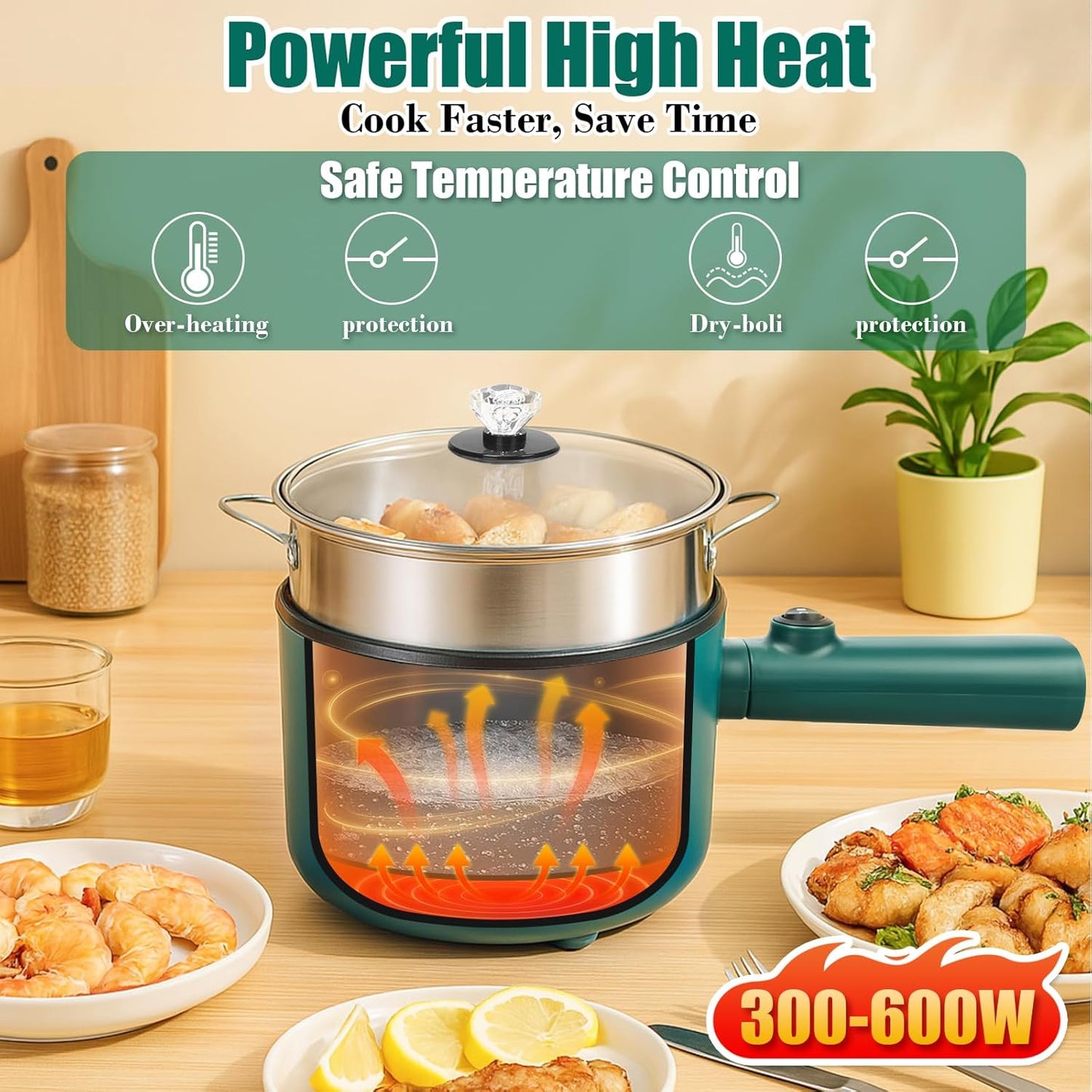 Electric Hot Pot with Steamer, 1.8L Ramen Cooker, Portable Cooking Pot Non-Stick Sauté Pan, Electric Pot for Pasta, Egg, Steak, BPA Free,Dual Power Control, Suit Dorm Room, Travel,RV,Hotel